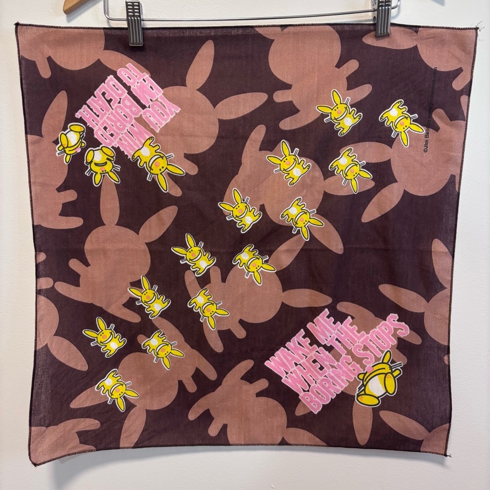 Jim Benton Happy Bunny Y2K Bored To Death Brown, Pink, Yellow Square Bandana